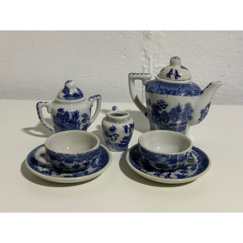 Vintage Blue Willow Miniature Tea Set 9pc Glazed Porcelain Dollhouse Collectible